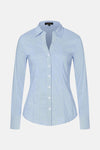 Blauwe blouse met lange mouwen en strepen, van More & More, met knoopsluiting aan de voorkant.