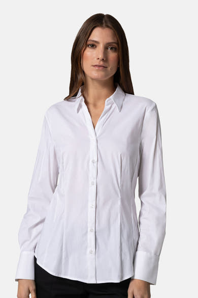 Chemisier blanc à manches longues de MORE & MORE, coupe ajustée avec patte de boutonnage.