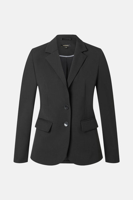 Zwarte blazer van More & More, met getailleerde pasvorm, lange mouwen en een sluiting met één knoop.