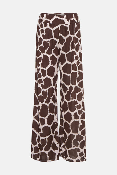 Pantalon ample marron à motif girafe de Terra di Siena, style palazzo avec taille élastique.