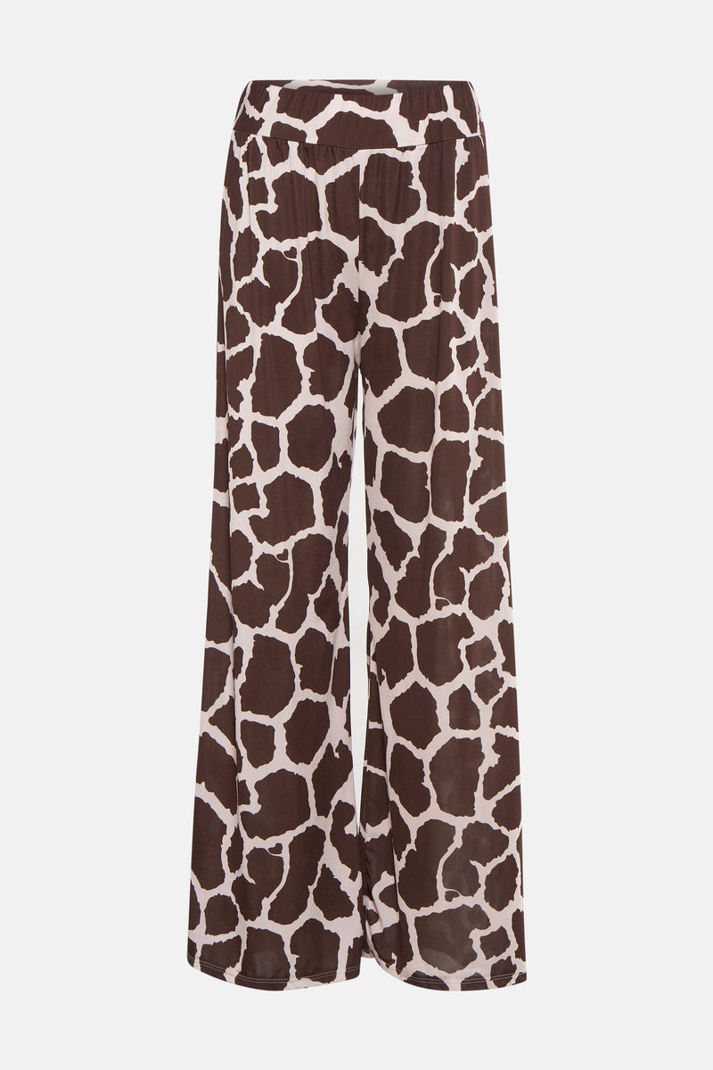 Pantalon ample marron à motif girafe de Terra di Siena, style palazzo avec taille élastique.