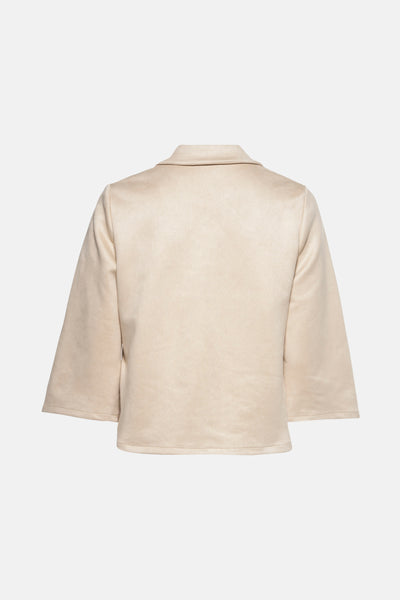 Veste courte beige de Terra di Siena, avec des manches trois-quarts évasées, vue de dos.