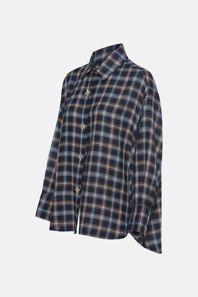 Blauwe blouse met lange mouwen van Terra di Siena, geruit met decoratieve bloemknoppen.