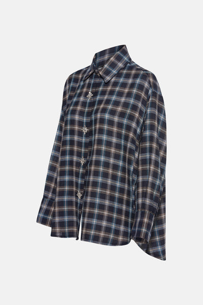 Blauwe blouse met lange mouwen van Terra di Siena, geruit met decoratieve bloemknoppen.