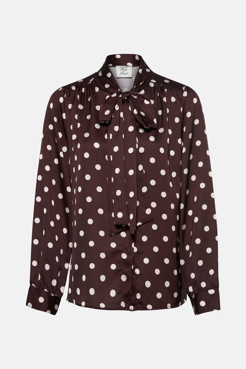 Bruine blouse met lange mouwen van Terra di Siena, wit stippenpatroon en lavallière.