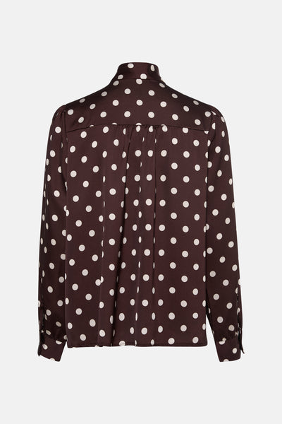 Bruine lange mouwen blouse Terra di Siena, met witte stippen, losse pasvorm, achterzicht.