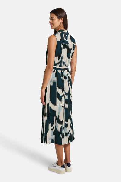 Multikleurenjurk van Street One met abstracte print, tailleband en midi-snit.