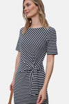 Multicolored striped robe with short sleeves and front tie detail, side view of model wearing it