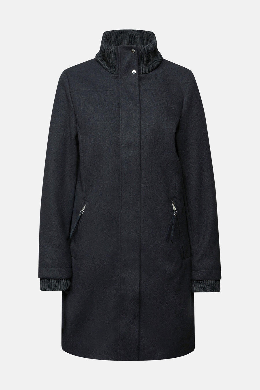 Lange blauwe jas van Street One, met opstaande kraag van ribgebreid materiaal en drukknoopsluiting.
