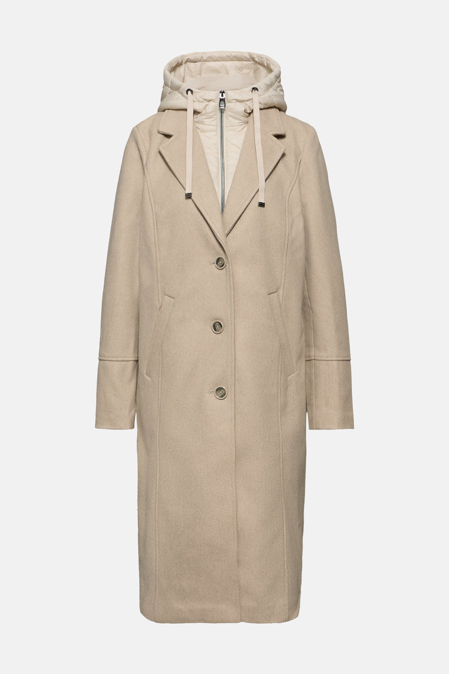 Lange beige jas van STREET ONE met gewatteerde capuchon en knopen aan de voorkant.