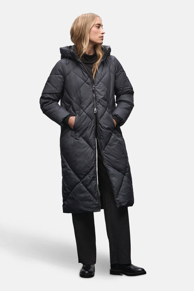 Veste longue bleue de STREET ONE avec motif matelassé losange, capuche et poches.