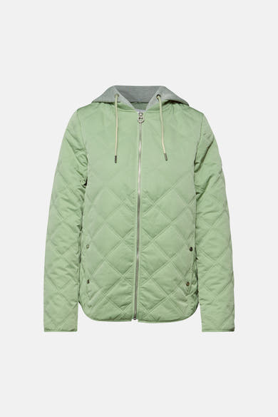 Veste courte verte par STREET ONE, matelassée à losanges avec capuche grise et fermeture éclair argentée.