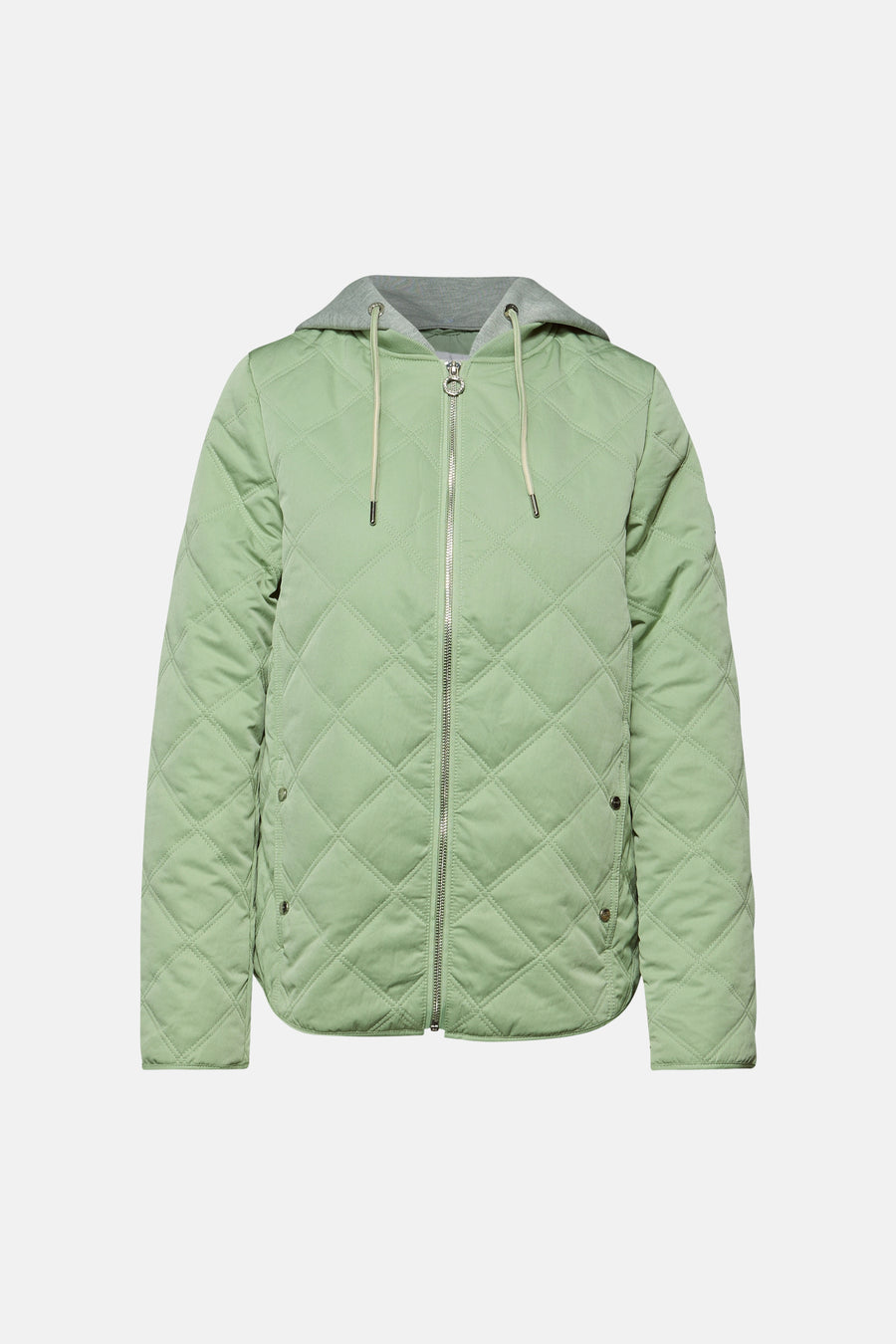 Veste courte verte par STREET ONE, matelassée à losanges avec capuche grise et fermeture éclair argentée.