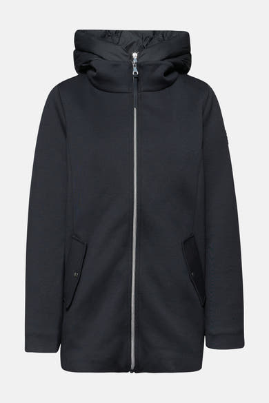 Korte marineblauwe jas van Street One met zilveren ritssluiting en capuchon.
