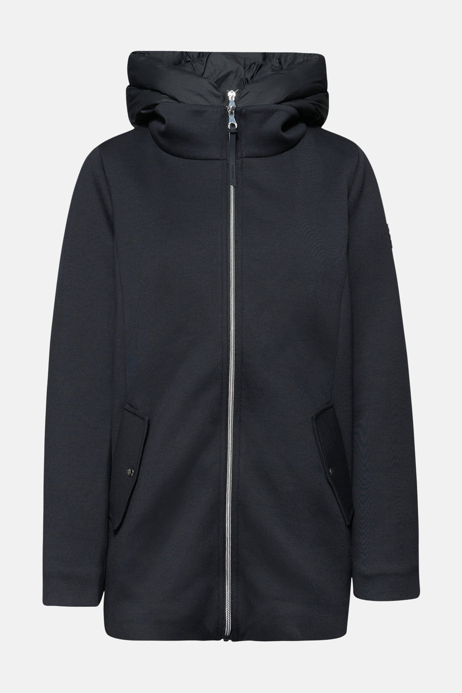 Korte marineblauwe jas van Street One met zilveren ritssluiting en capuchon.