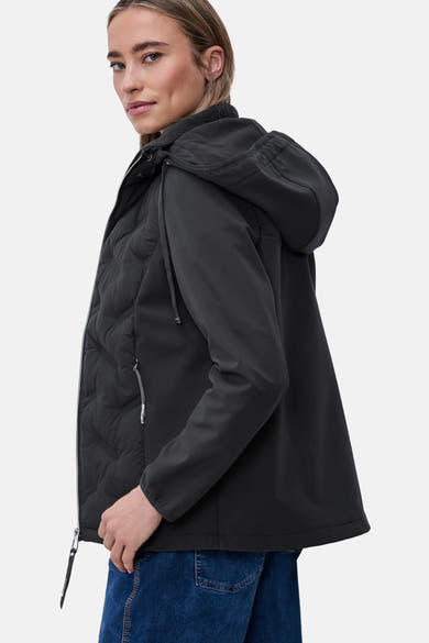 Veste courte bleue de Street One avec capuche, doublure matelassée et fermeture éclair visible.