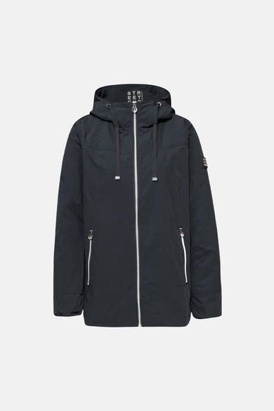 Veste courte bleu marine de STREET ONE, avec capuche et fermeture éclair argentée, poches zippées apparentes.