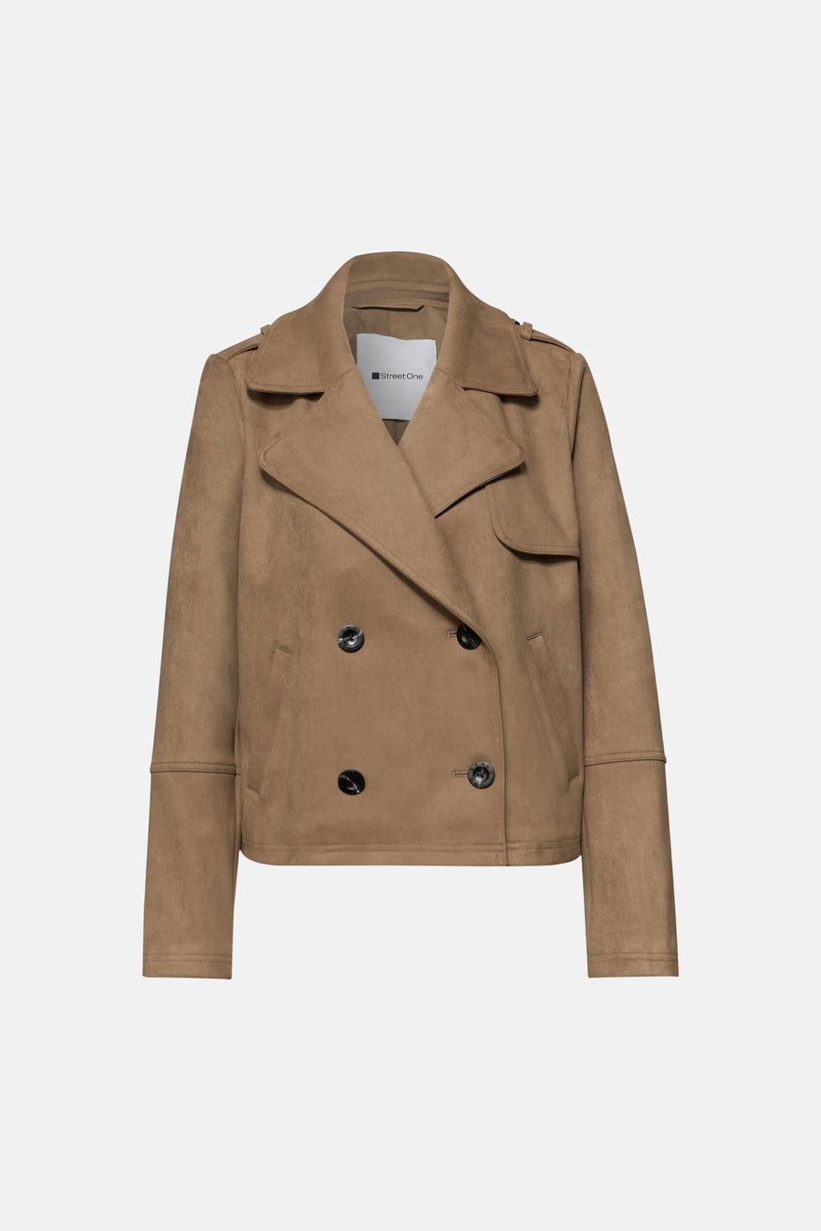 Veste courte couleur cognac par Street One, à double boutonnage avec des revers crantés.
