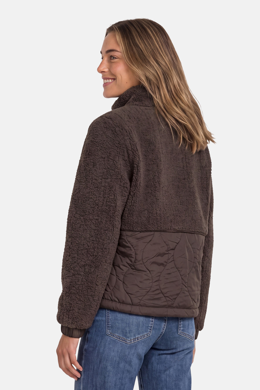 Brown shearling-style casual jacket by STREET ONE, featuring quilted lower back panel, side view on model wearing blue jeans.