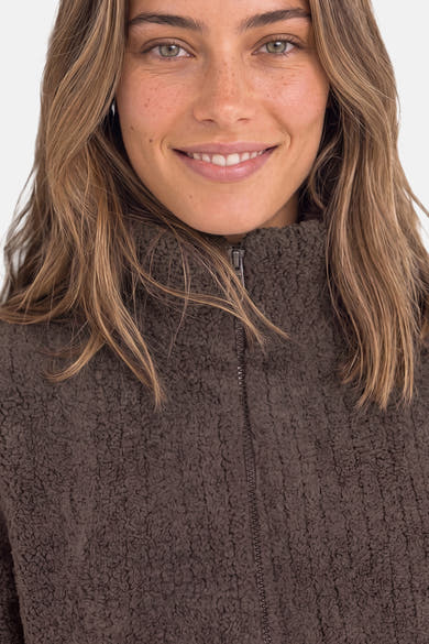 Brown textured zip-front casual jacket by STREET ONE, close-up front view showing soft fleece material and high collar.