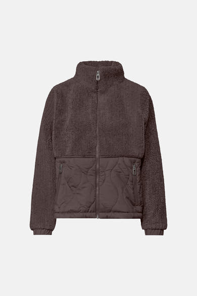 Brown shearling-style casual jacket by STREET ONE with quilted lower panel and front zipper, shown front view