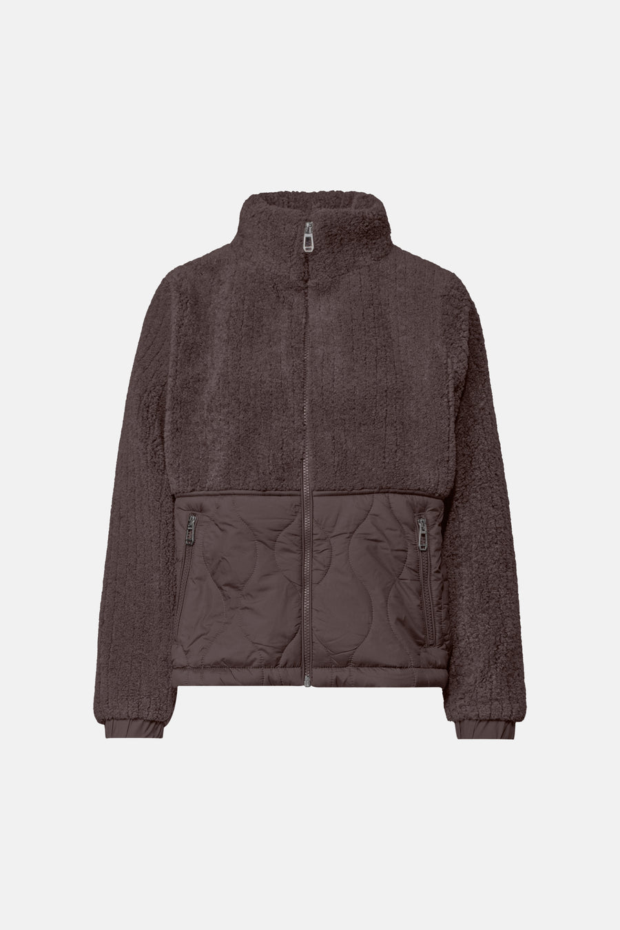 Brown shearling-style casual jacket by STREET ONE with quilted lower panel and front zipper, shown front view