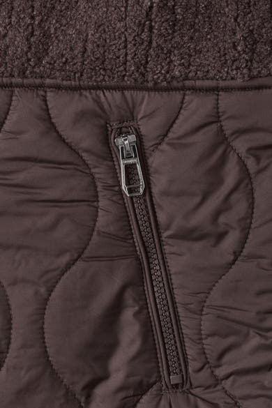 Brown quilted casual jacket by STREET ONE with textured fleece lining and silver zipper detail, close-up front view