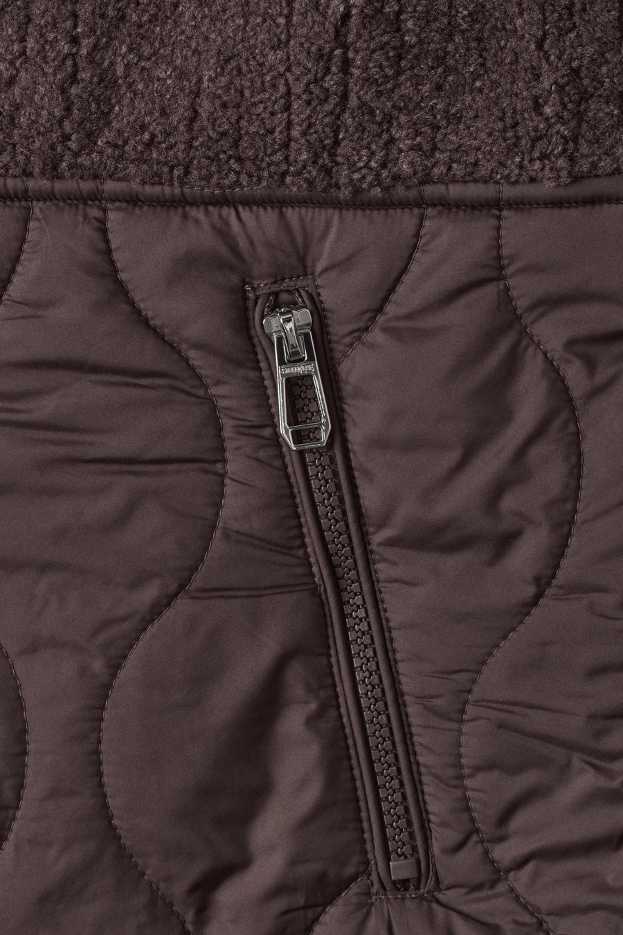 Brown quilted casual jacket by STREET ONE with textured fleece lining and silver zipper detail, close-up front view