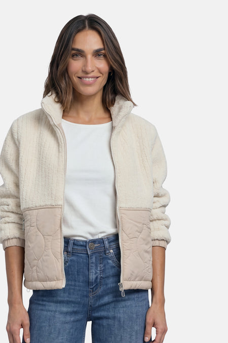 Beige shearling and quilted panel casual jacket by STREET ONE, front view with white top and blue jeans