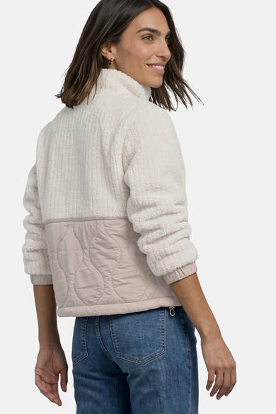 Beige textured fleece and quilted casual jacket by STREET ONE, side view with ribbed cuffs and high collar, worn with blue jeans
