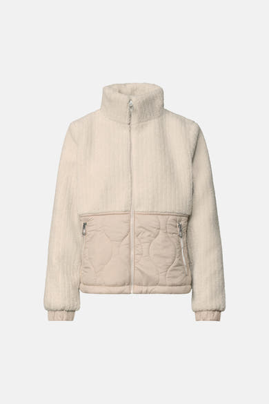 Beige fuzzy top jacket by STREET ONE with quilted lower panel and front zipper, front view