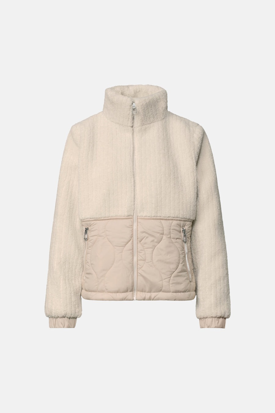 Beige fuzzy top jacket by STREET ONE with quilted lower panel and front zipper, front view