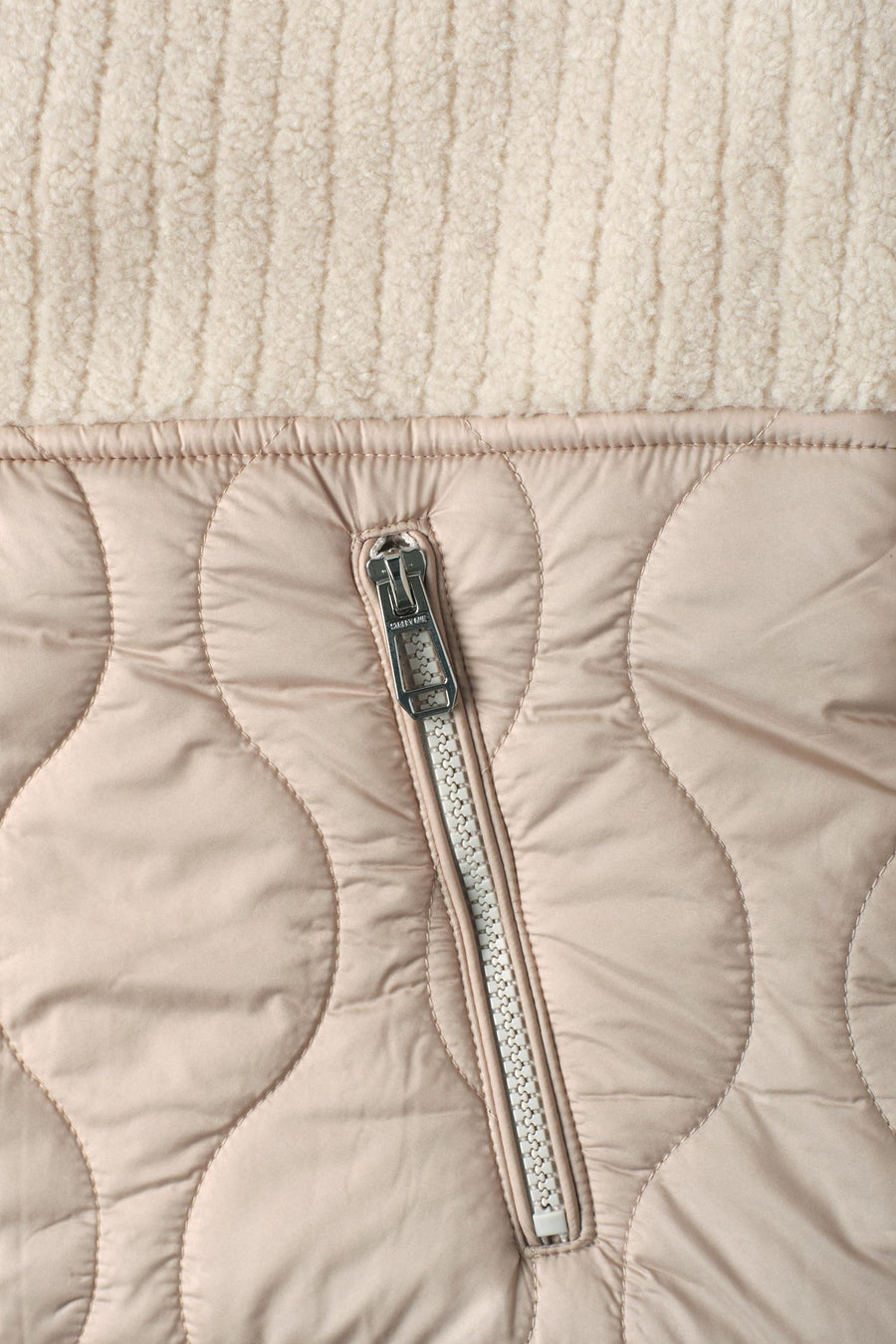 Beige quilted casual jacket by STREET ONE with soft sherpa lining and silver zipper detail, close-up front view