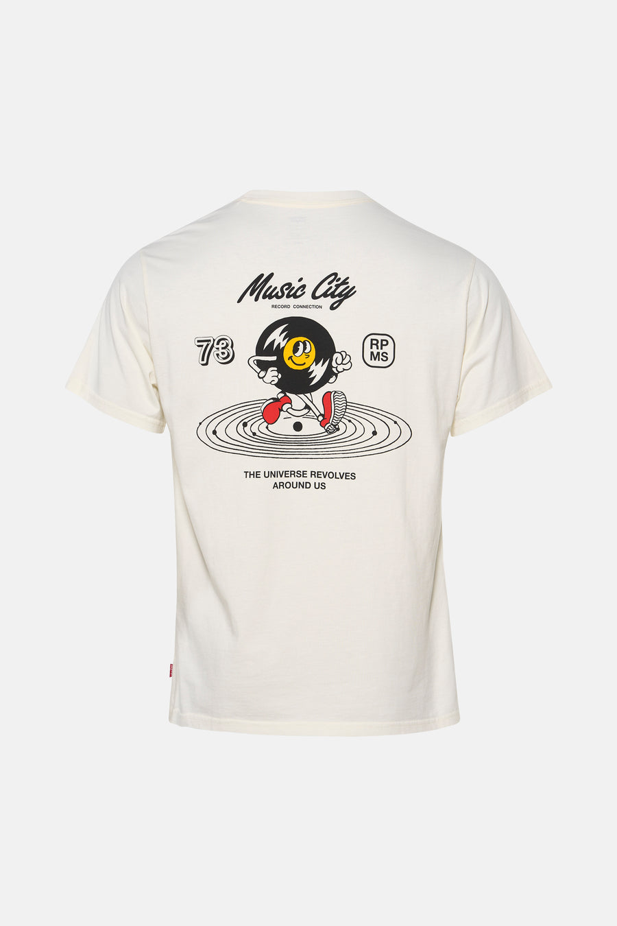 T-shirt blanc à manches courtes Levi's® vu de dos, avec motif graphique « Music City » et personnage sur vinyle.