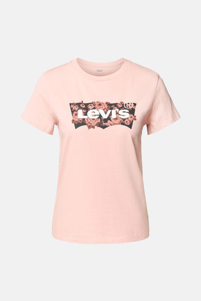 T-shirt rose à manches courtes de Levi's, avec un logo décoré de fleurs et de motifs floraux.
