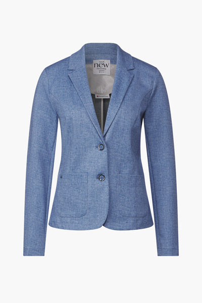 Blauwe linnen blazer van STREET ONE met twee knopen en opgestikte zakken.