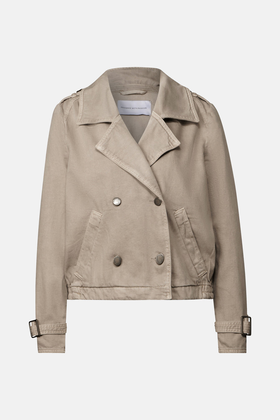 Korte beige jas van Street One met dubbele knoopsluiting en schouderflappen.