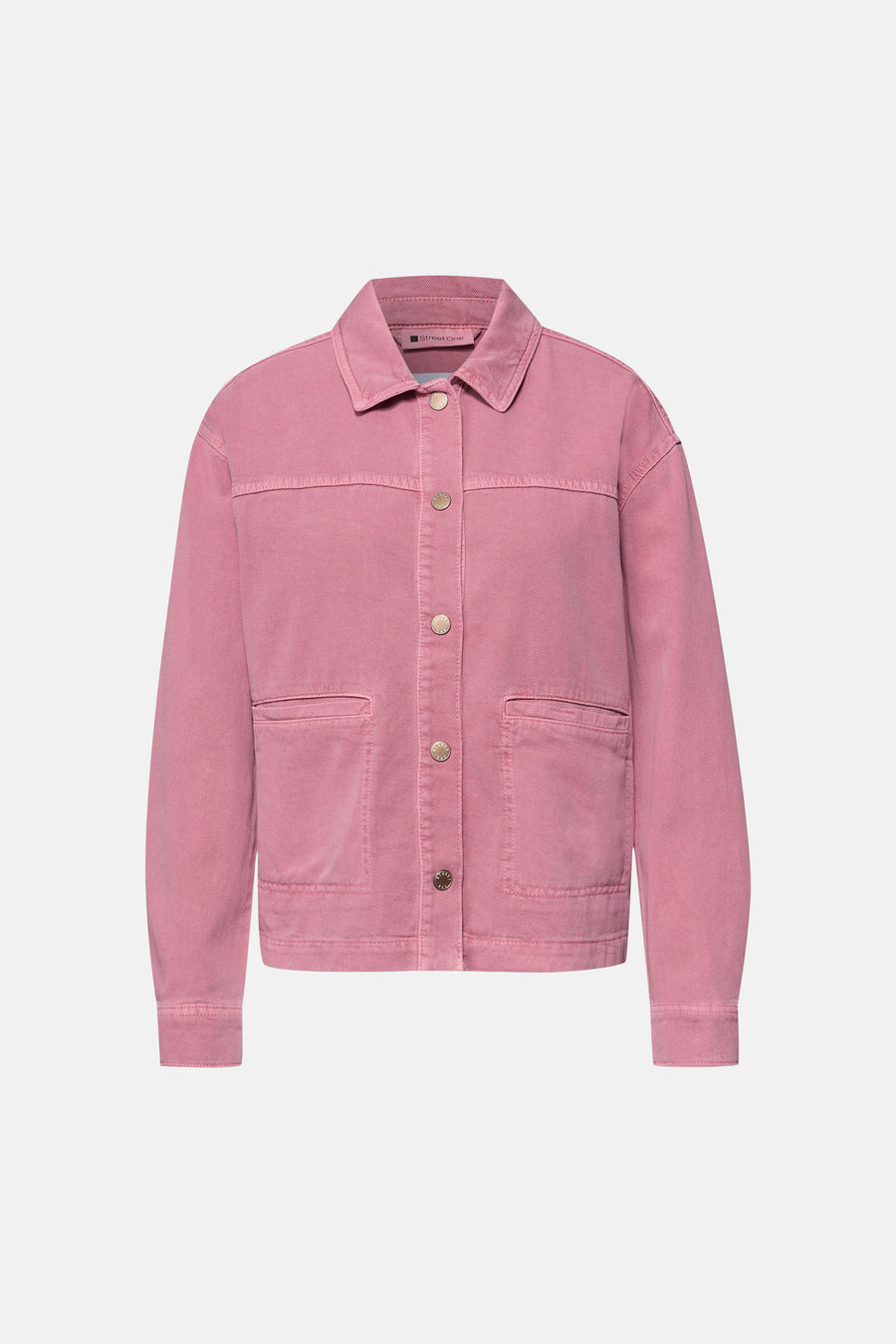 Roze spijkergilet van STREET ONE met gouden knopen en opgestikte zakken.