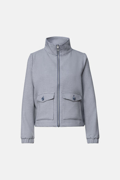 Blue houndstooth-patterned casual jacket with stand collar, front zipper, and flap pockets, shown front view.