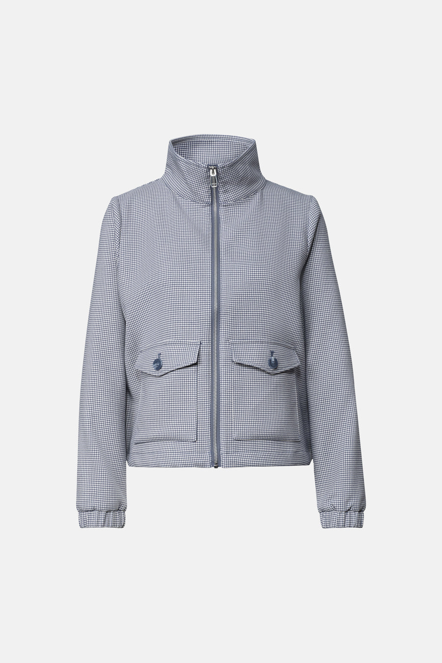 Blue houndstooth-patterned casual jacket with stand collar, front zipper, and flap pockets, shown front view.
