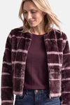 Plush burgundy and pink plaid faux fur jacket by STREET ONE, worn open over a ribbed top with visible front zipper, side view.
