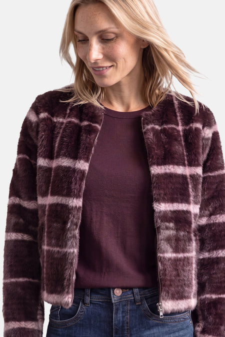 Plush burgundy and pink plaid faux fur jacket by STREET ONE, worn open over a ribbed top with visible front zipper, side view.