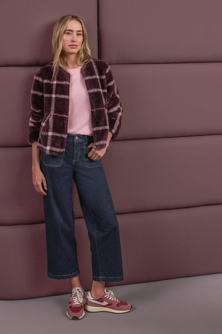 Plush burgundy and pink plaid casual jacket by STREET ONE, worn open with a soft pink top, dark wide-leg jeans, and red sneakers in a full-length lifestyle shot.