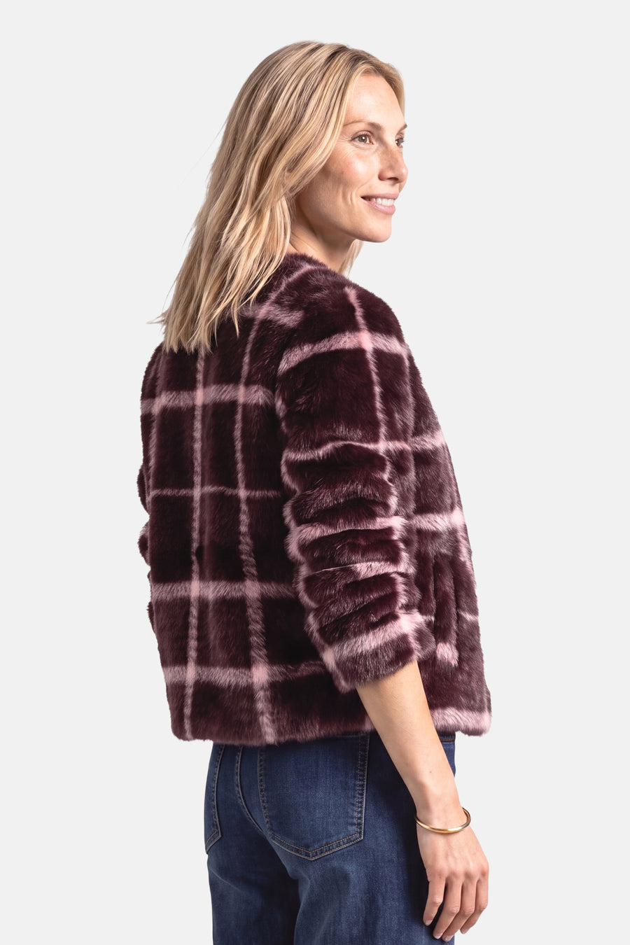 Burgundy faux fur plaid casual jacket by STREET ONE, side view, textured check pattern, cropped fit, worn with blue jeans