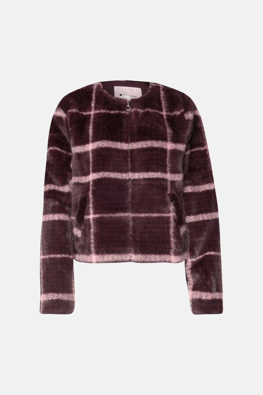 Burgundy faux fur plaid casual jacket by STREET ONE, front view with silver zipper and soft textured pattern