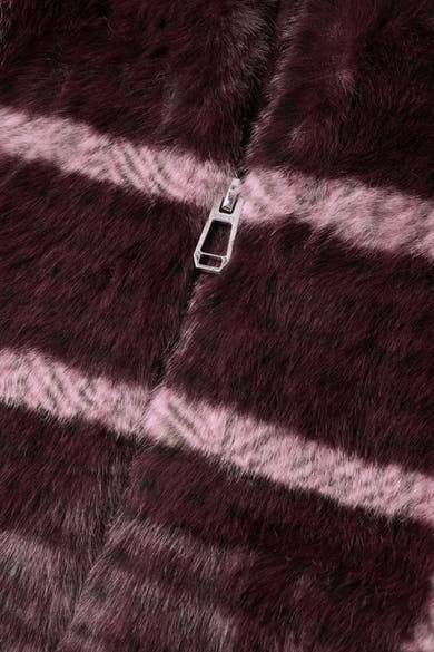 Burgundy faux fur casual jacket by STREET ONE with light pink stripes and silver zipper detail, close-up front view