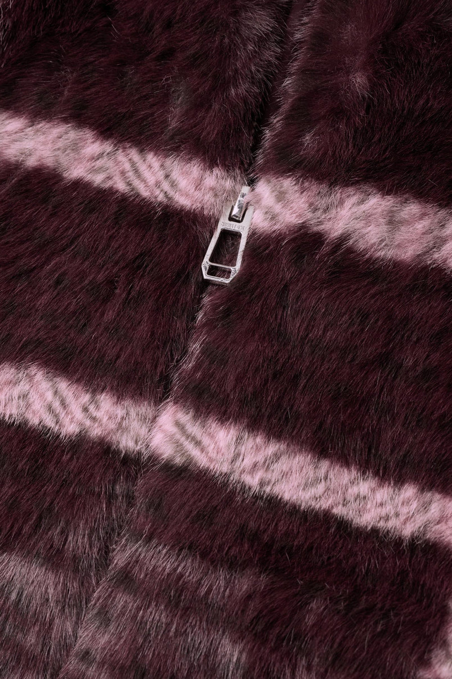 Burgundy faux fur casual jacket by STREET ONE with light pink stripes and silver zipper detail, close-up front view