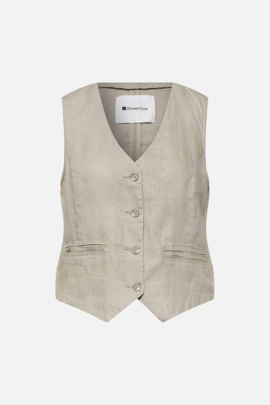 Beige blazer in textielmateriaal van STREET ONE, mouwloos, met V-hals, knoopsluiting en twee paspelzakken.