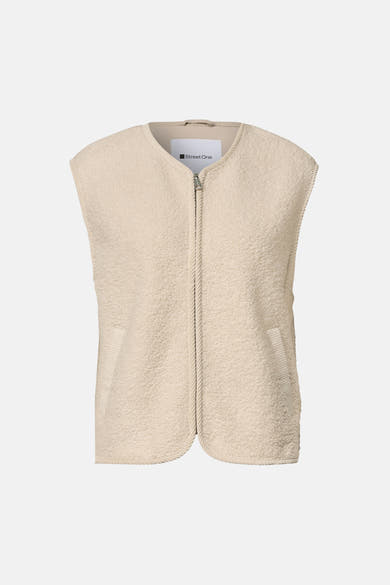 Gilet beige en tissu doux à texture pelucheuse par STREET ONE, fermeture éclair centrale et poches latérales, vue de face