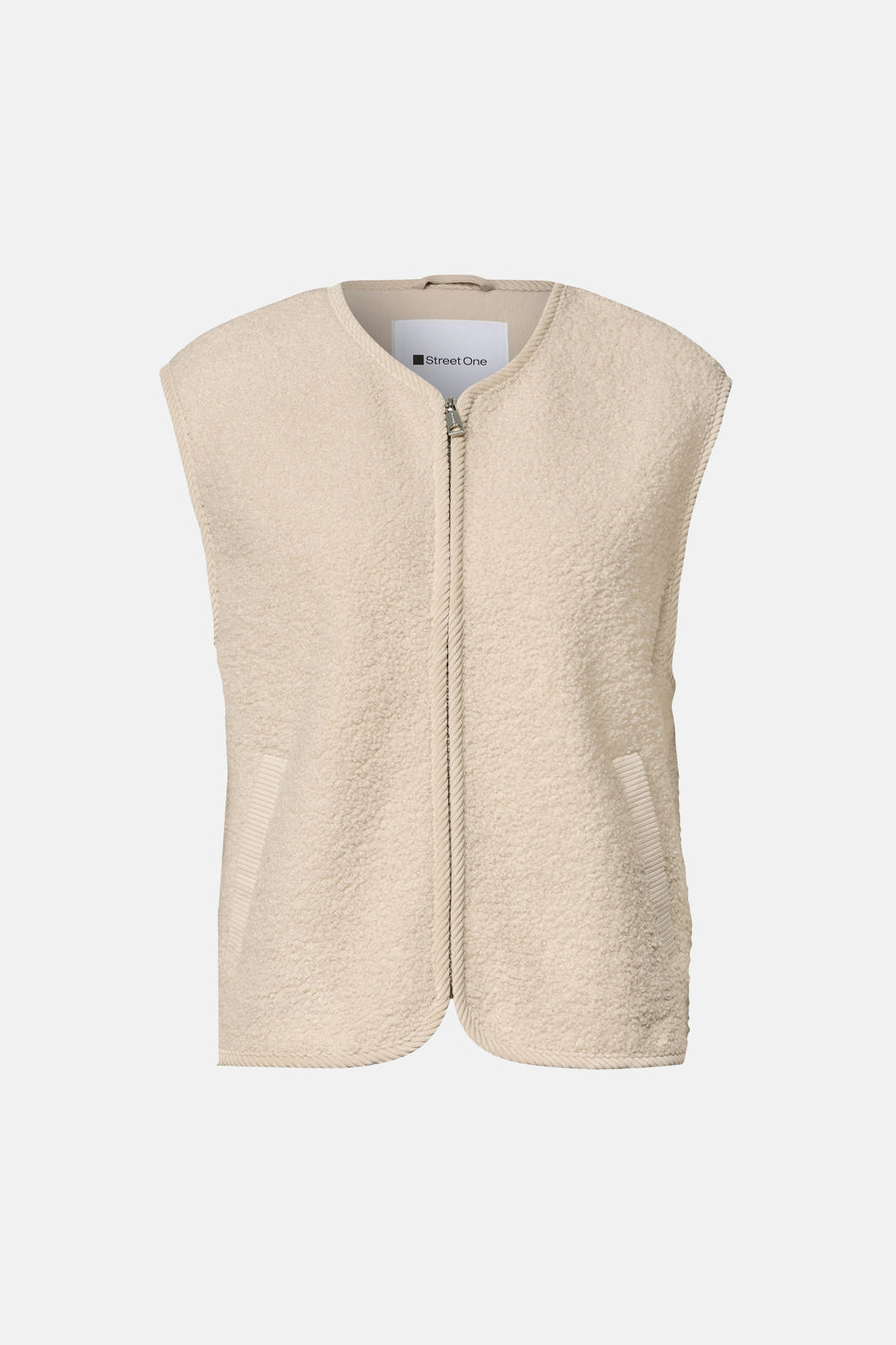 Gilet beige en tissu doux à texture pelucheuse par STREET ONE, fermeture éclair centrale et poches latérales, vue de face